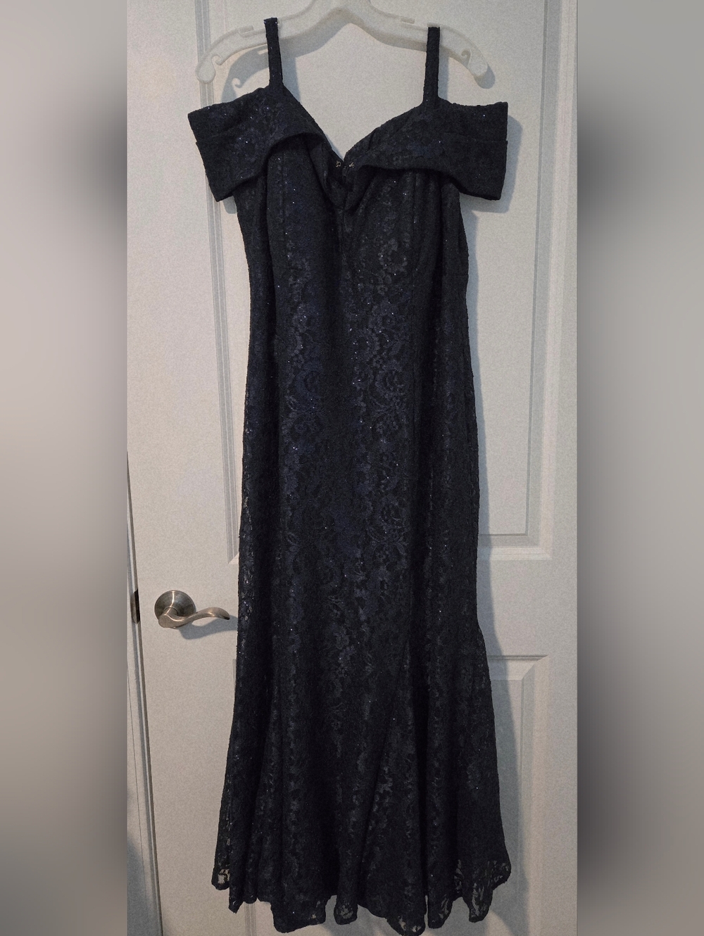 R&M Richards Navy Lace Off-Shoulder Maxi Dress